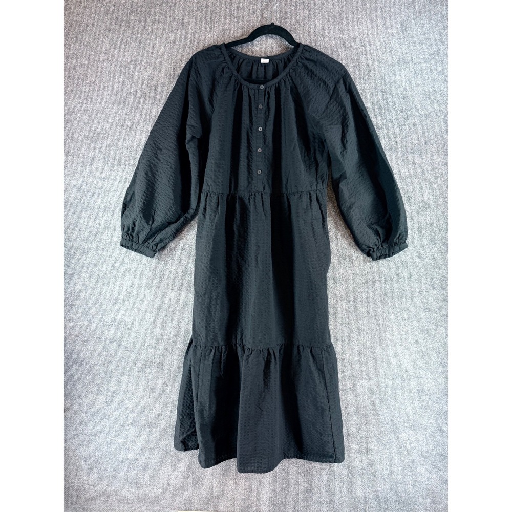 Old Navy Womens Black Seersucker Tiered Midi Henley Dress Long Sleeve Size M